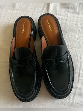 Reformation Black Patent Loafer Mules with Tan Insole